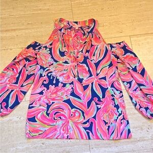 Lilly Pulitzer Pink and Blue Floral Cold Shoulder Blouse